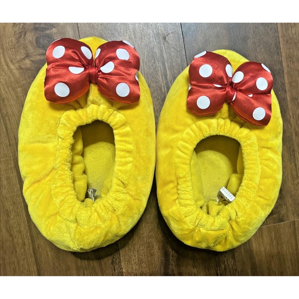 Disney Parks Minnie Mouse Plush Slippers Yellow Red White Polka Dot Bow Adult S - Picture 4 of 9
